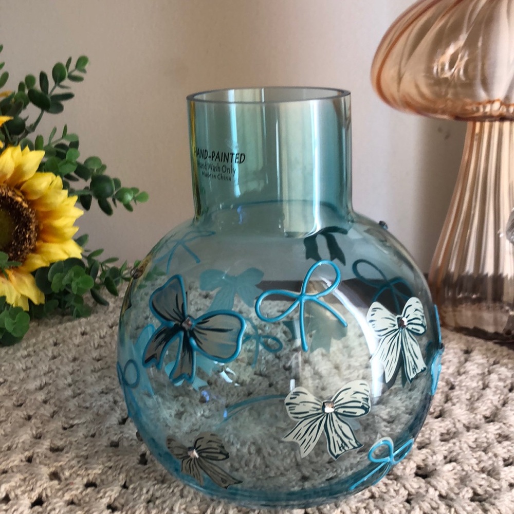 Cupcakes & Cashmere Blue Glass Vase with BOWS and Rhinestones Home Decor